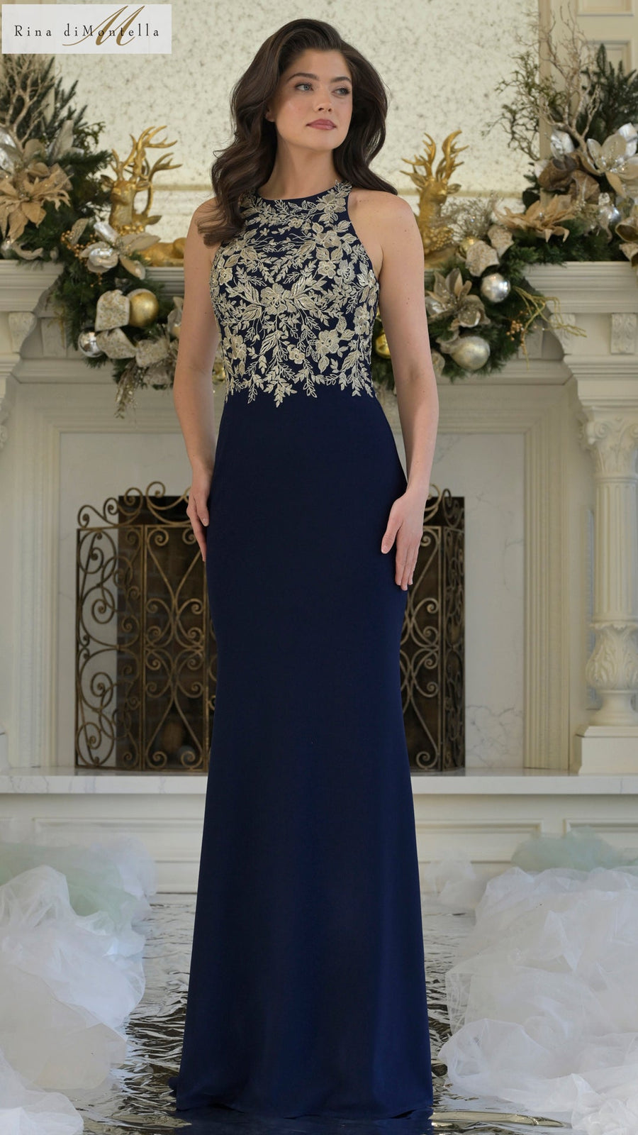 Formal Dresses Fitted Formal Long Evening Dress Navy Gold