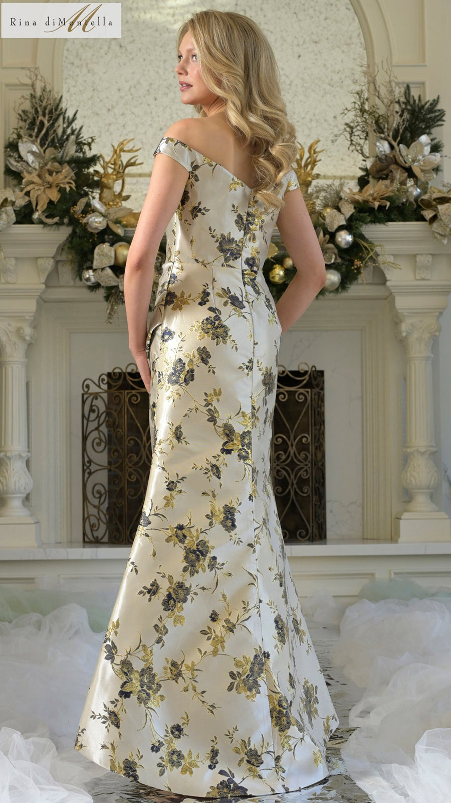 Formal Dresses Fitted Long Formal Pleated Floral Evening Dress Navy Multi