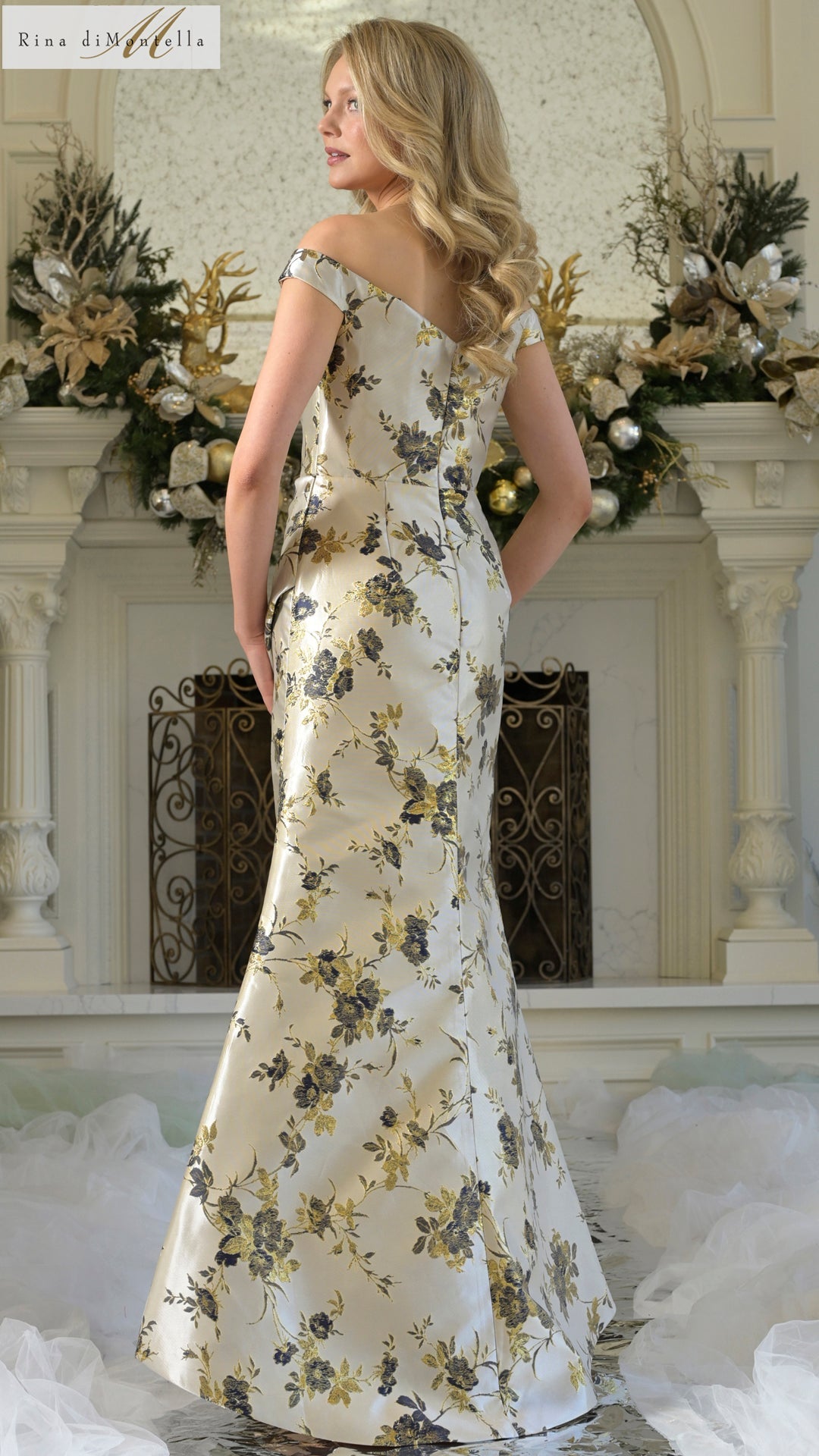 Formal Dresses Fitted Long Formal Pleated Floral Evening Dress Navy Multi