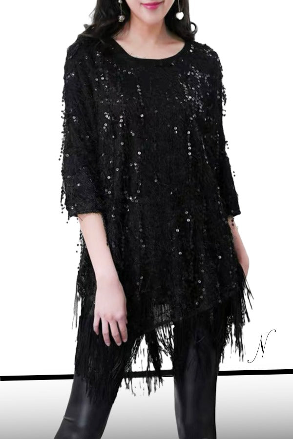 Cocktail Dresses 3/4 Sleeve Sequin Fringe Short Dress Black