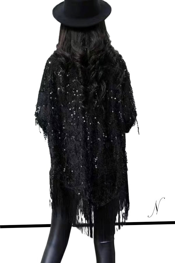 Cocktail Dresses 3/4 Sleeve Sequin Fringe Short Dress Black