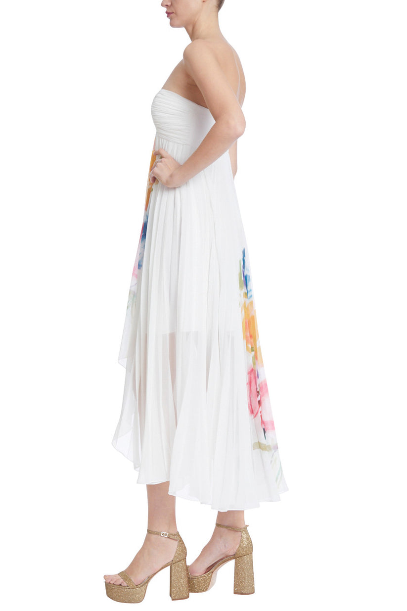 Cocktail Dresses Floral High Low Pleated Cocktail Dress White Multi