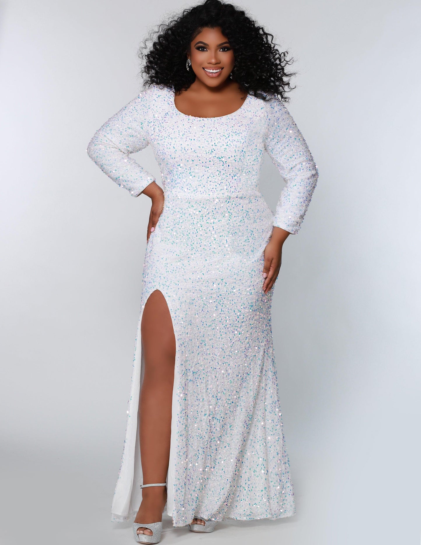 Long Sleeve Plus Size Formal Dress Pearlescent