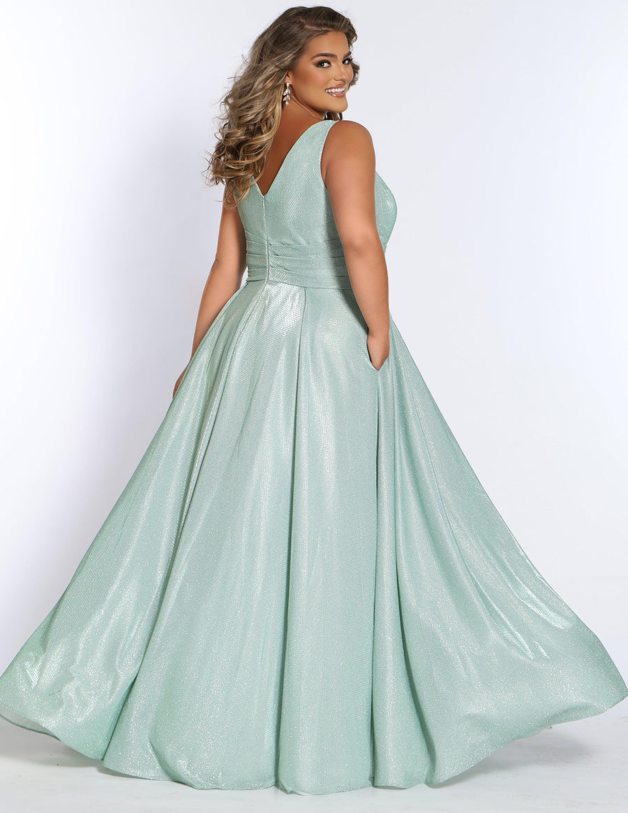 Long Plus Size Metallic Prom Dress Sage