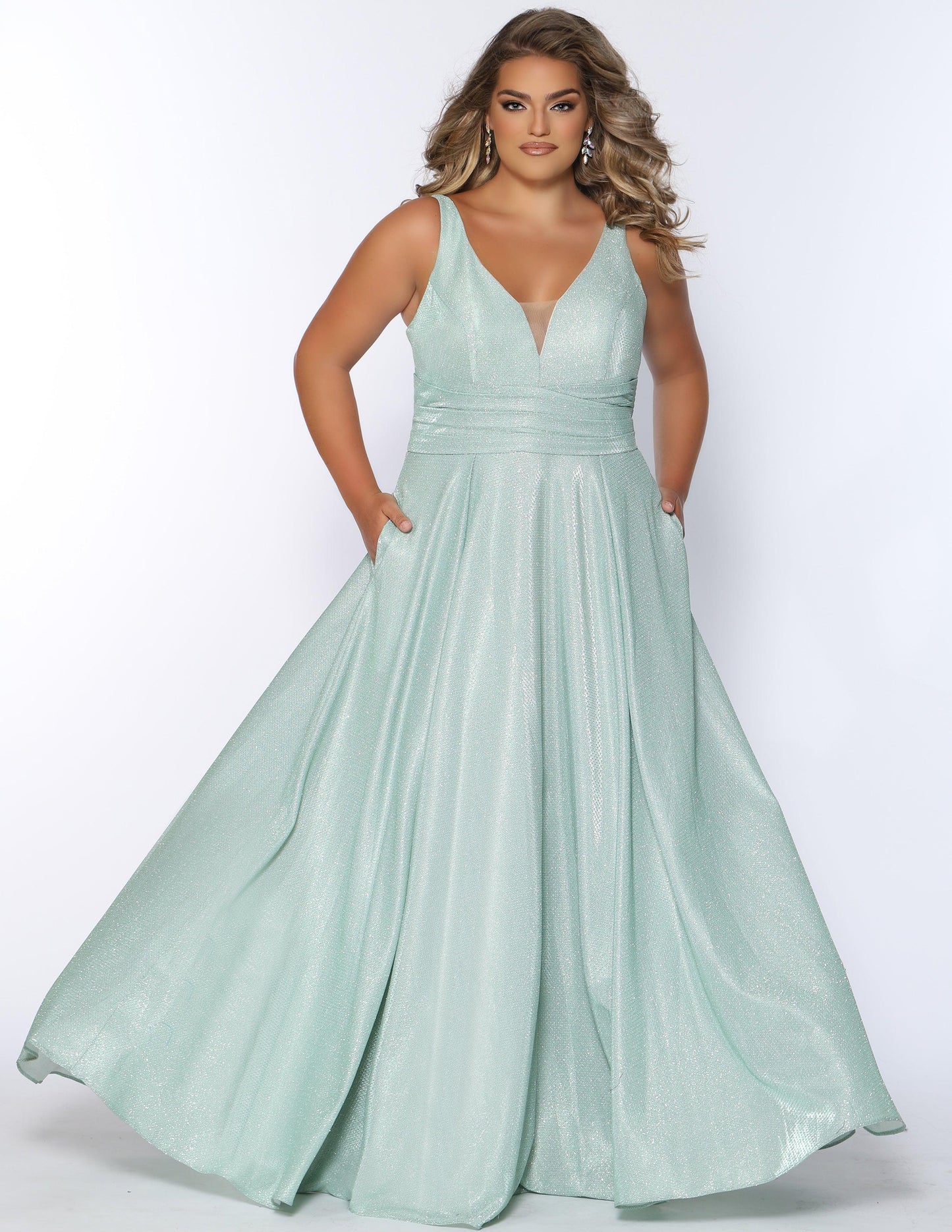 Long Plus Size Metallic Prom Dress Sage