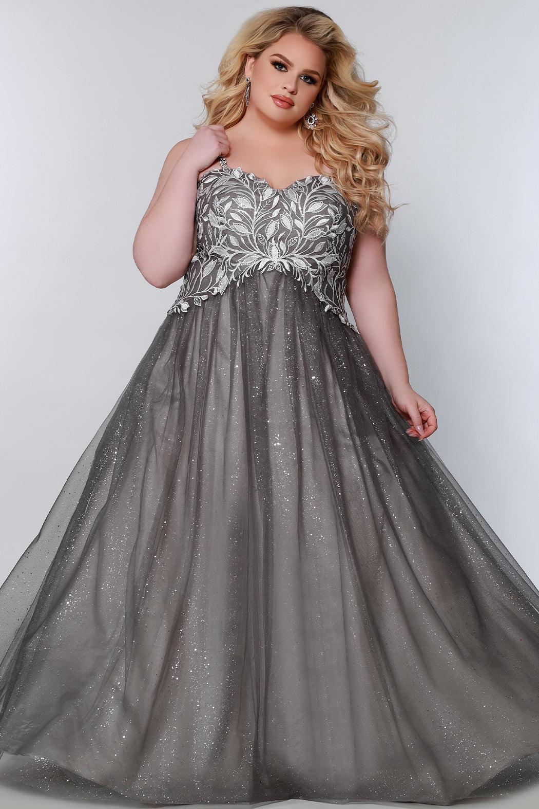 Long Plus Size Ball Gown Glitter Prom Dress Platinum