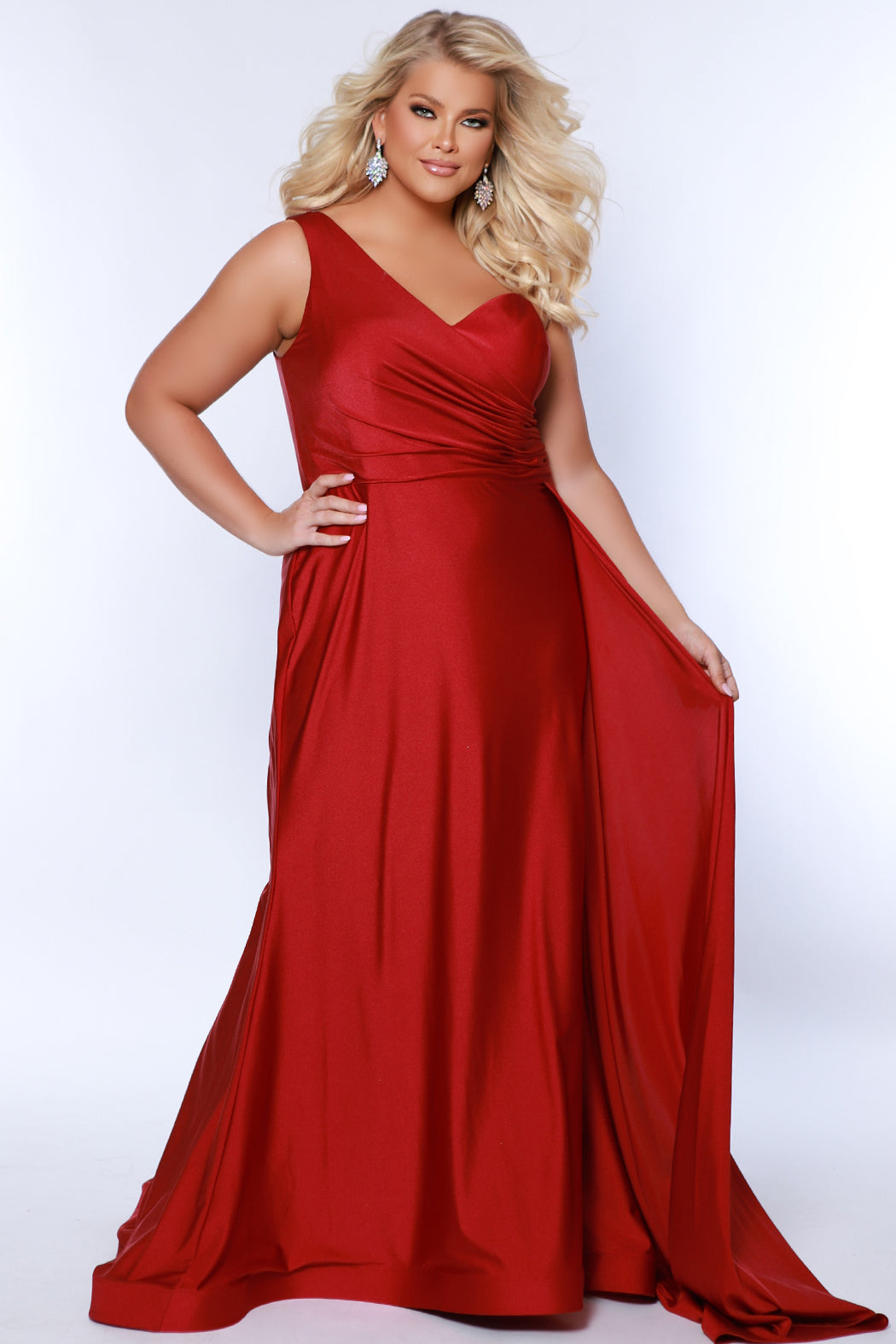 Plus Size Dresses Plus size Fitted Long Formal Pleated Prom Dress Burgundy