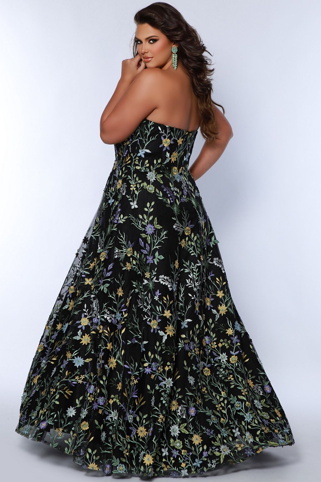 Plus Size Dresses Long Floral Pattern A Line Prom Plus Size Dress Black Floral