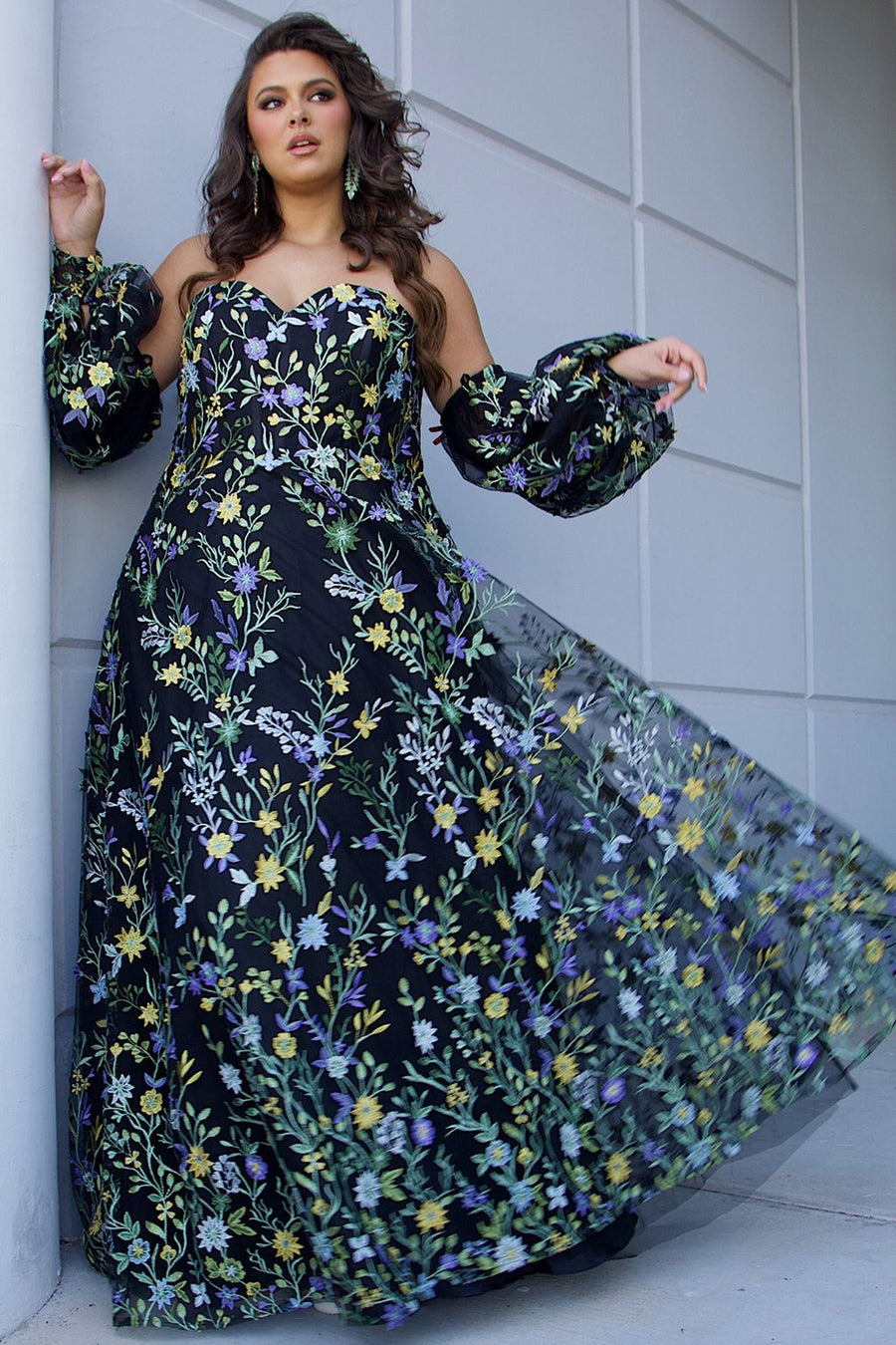 Plus Size Dresses Long Floral Pattern A Line Prom Plus Size Dress Black Floral