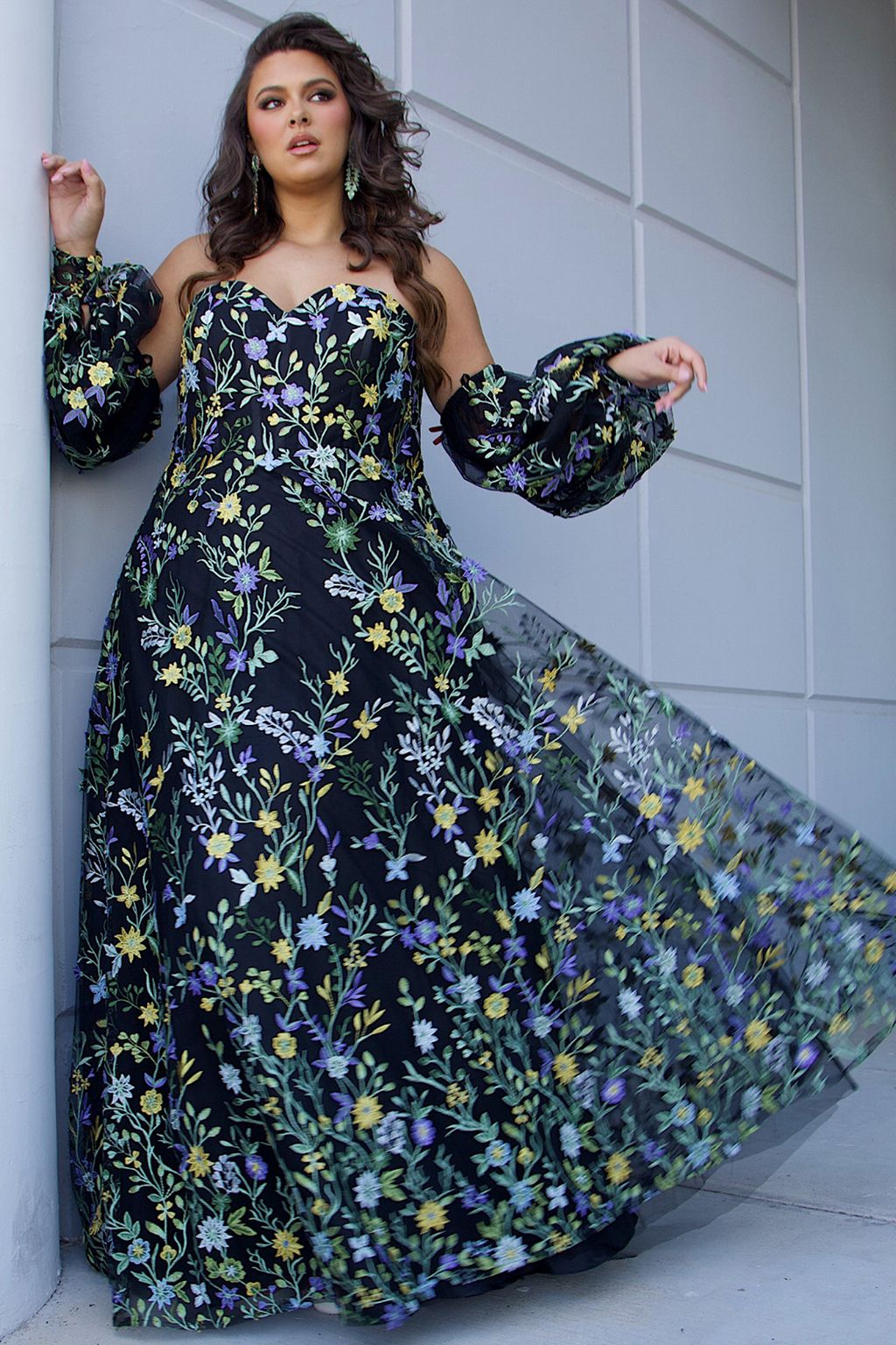 Plus Size Dresses Long Floral Pattern A Line Prom Plus Size Dress Black Floral