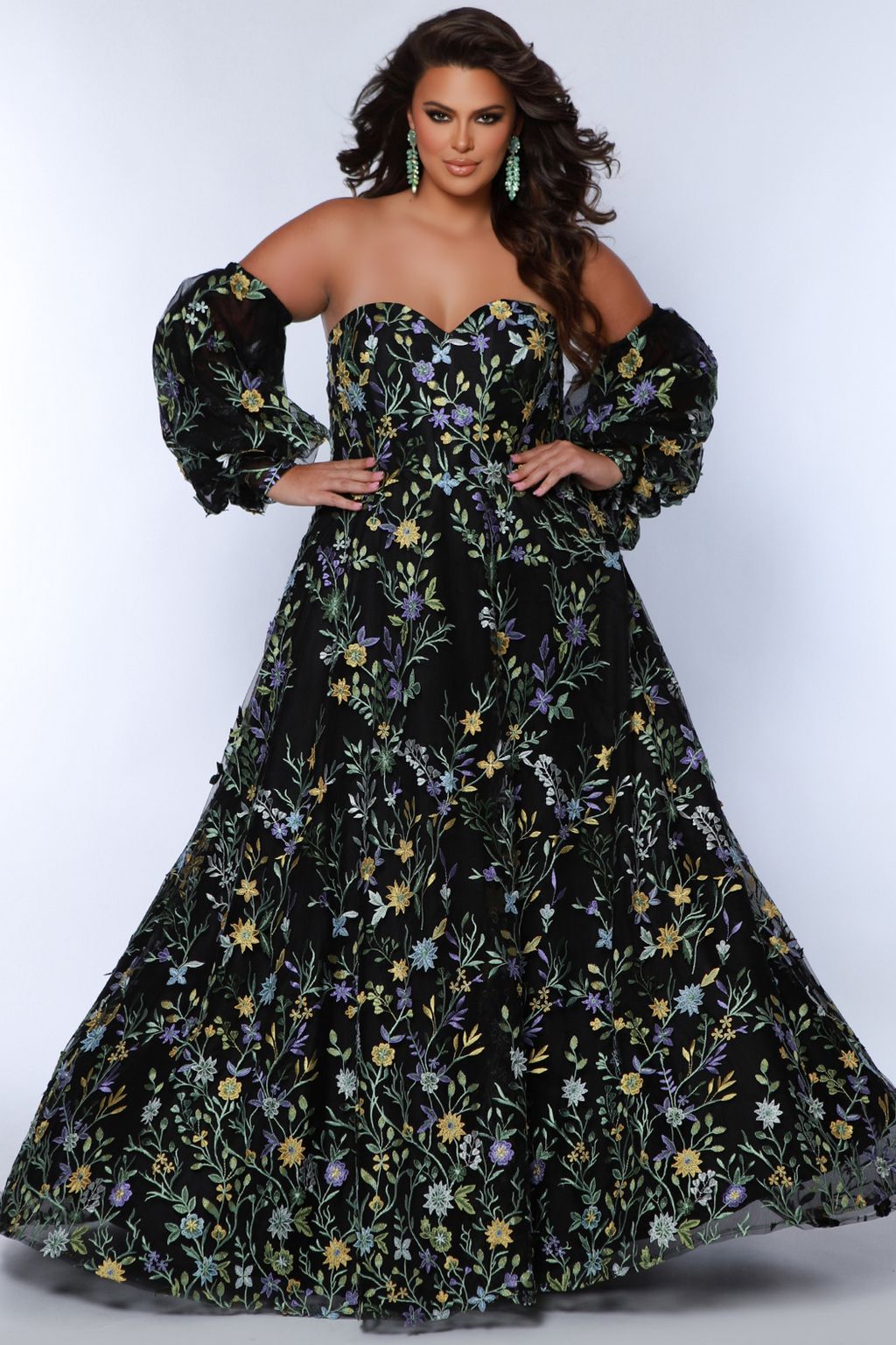 Plus Size Dresses Long Floral Pattern A Line Prom Plus Size Dress Black Floral