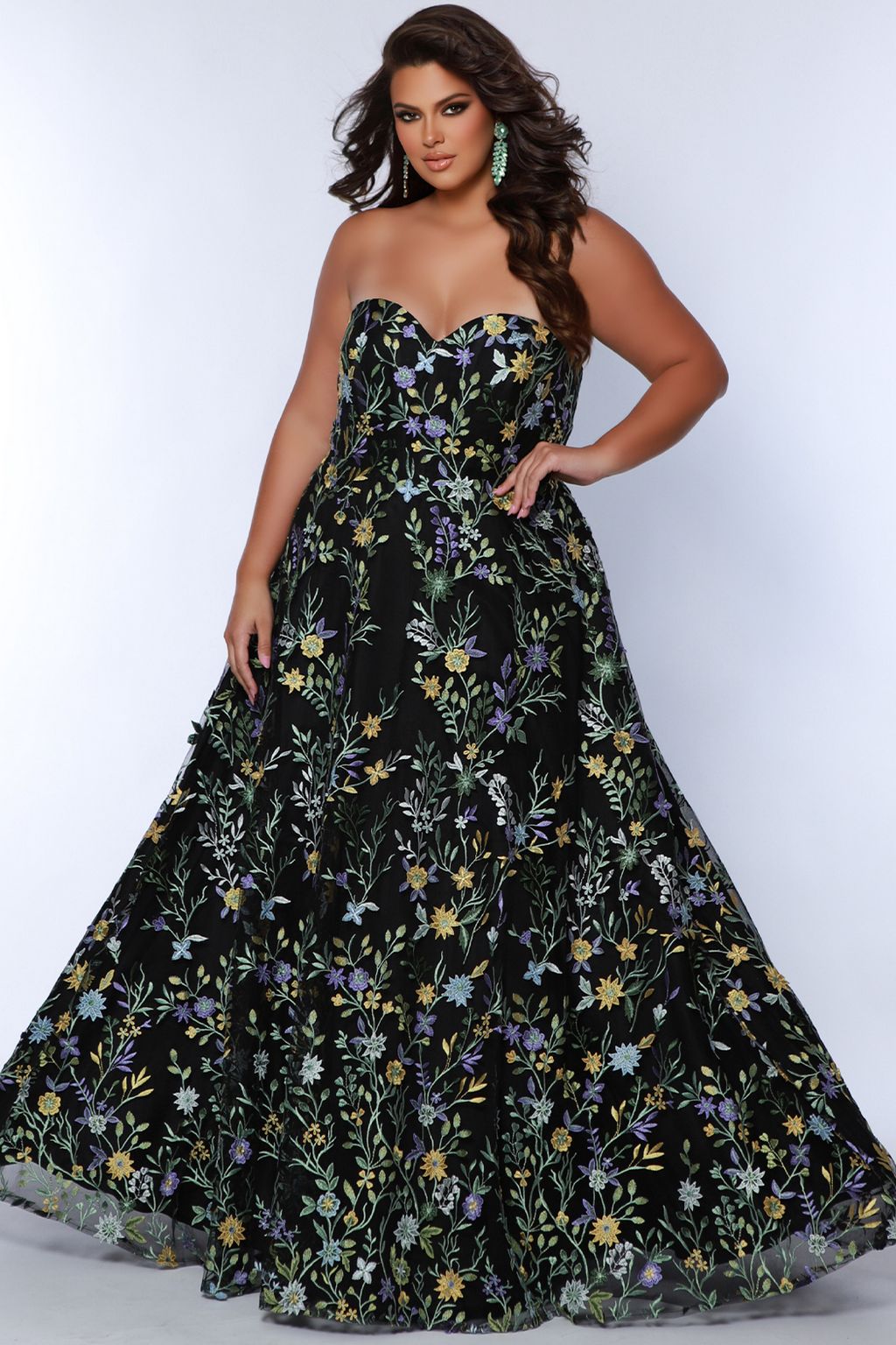 Plus Size Dresses Long Floral Pattern A Line Prom Plus Size Dress Black Floral