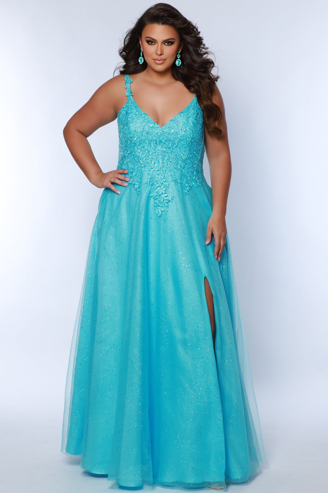 Plus Size Dresses Long Plus Size Glitter Lace Prom Dress Sky