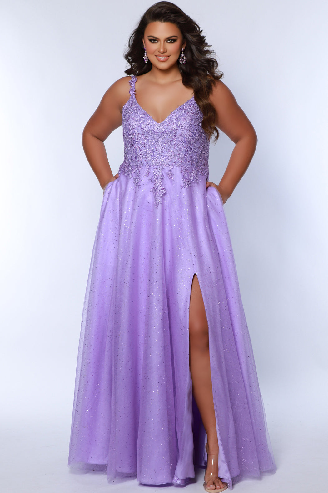 Plus Size Dresses Long Plus Size Glitter Lace Prom Dress  Lavender