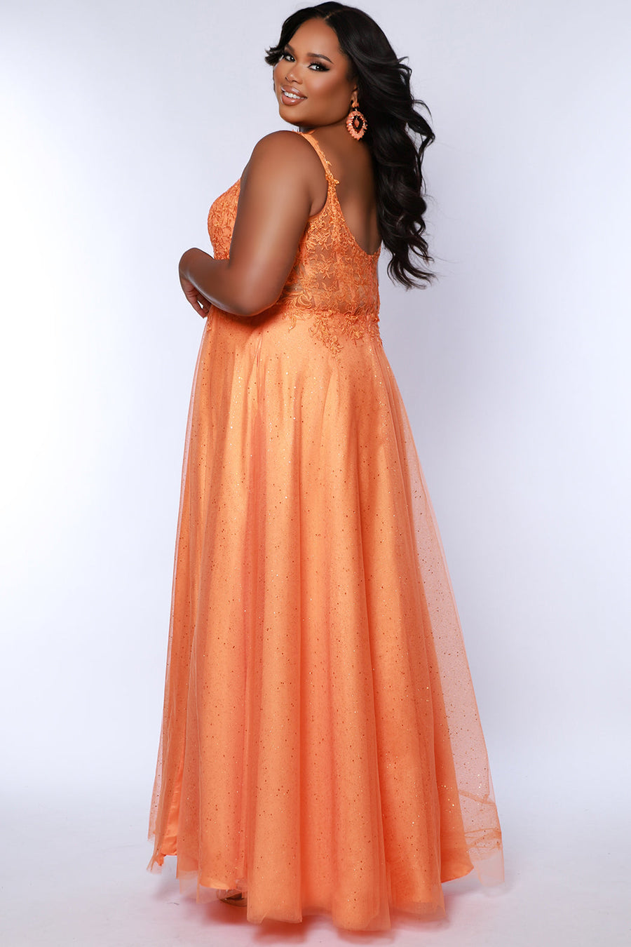 Plus Size Dresses Long Plus Size Glitter Lace Prom Dress  Tangerine
