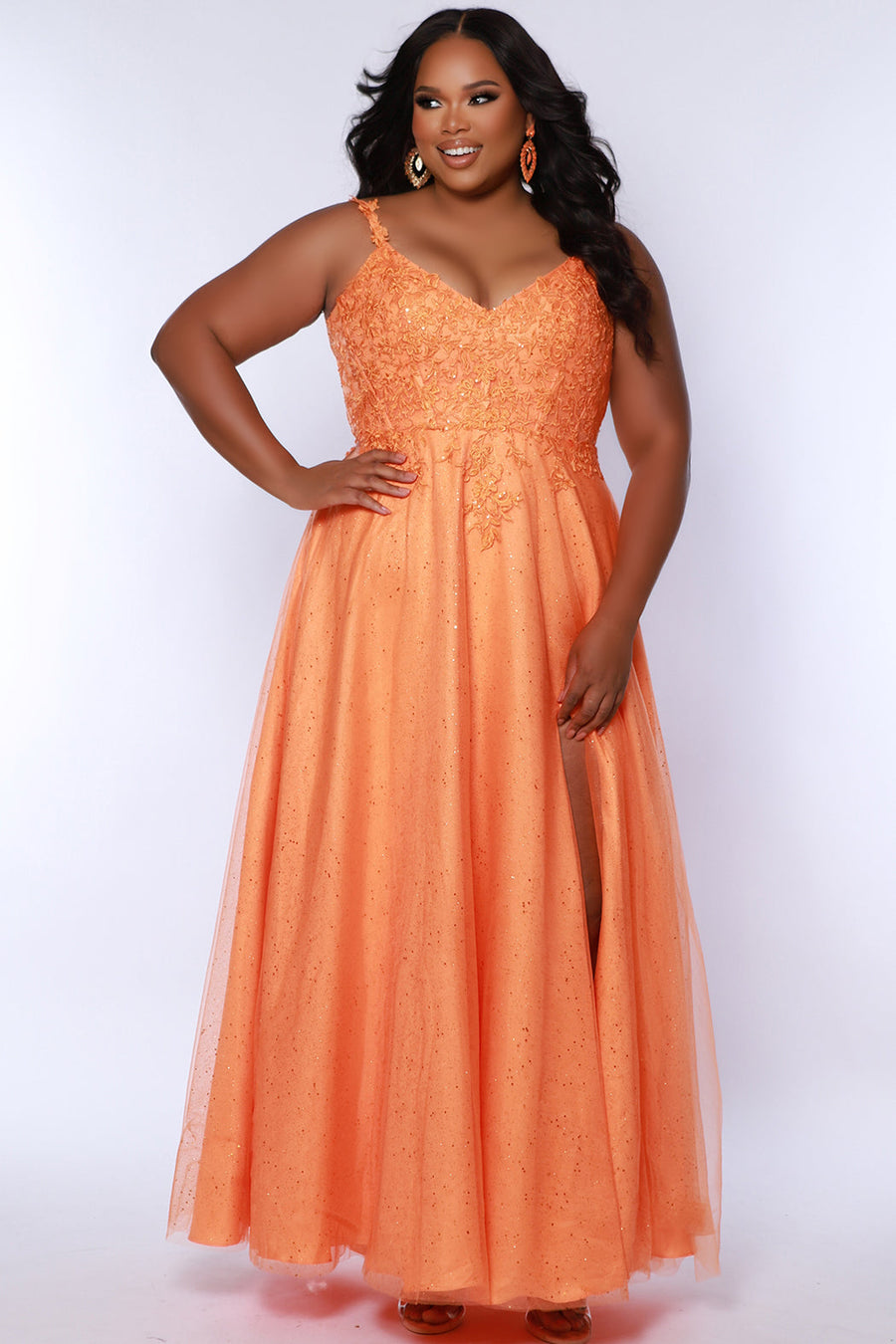 Plus Size Dresses Long Plus Size Glitter Lace Prom Dress  Tangerine