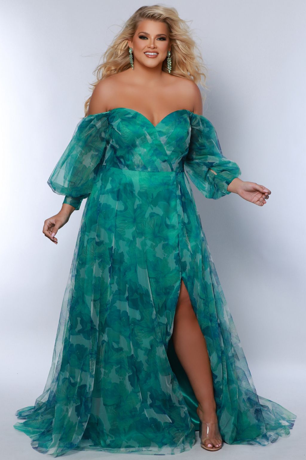 Plus Size Dresses Printed A Line Long Floral Slit Plus Size Prom Dress  Green Floral