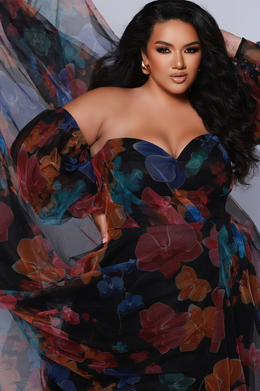 Plus Size Dresses Printed A Line Long Floral Slit Plus Size Prom Dress  Multi Floral