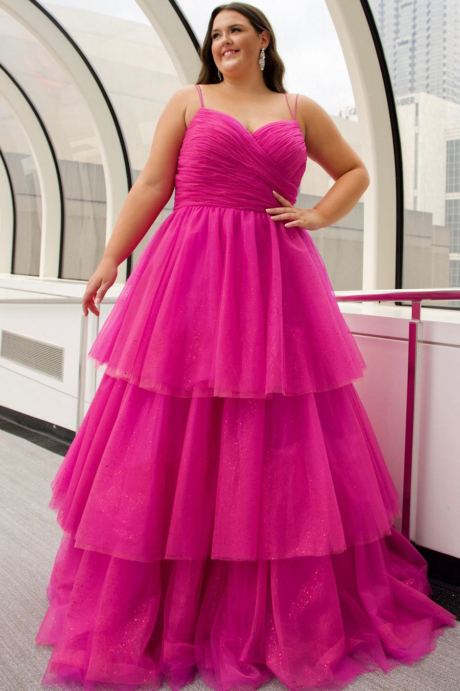Plus Size Dresses Long Ball Gown Pleated Formal Prom Glitter Plus Size Dress Pink