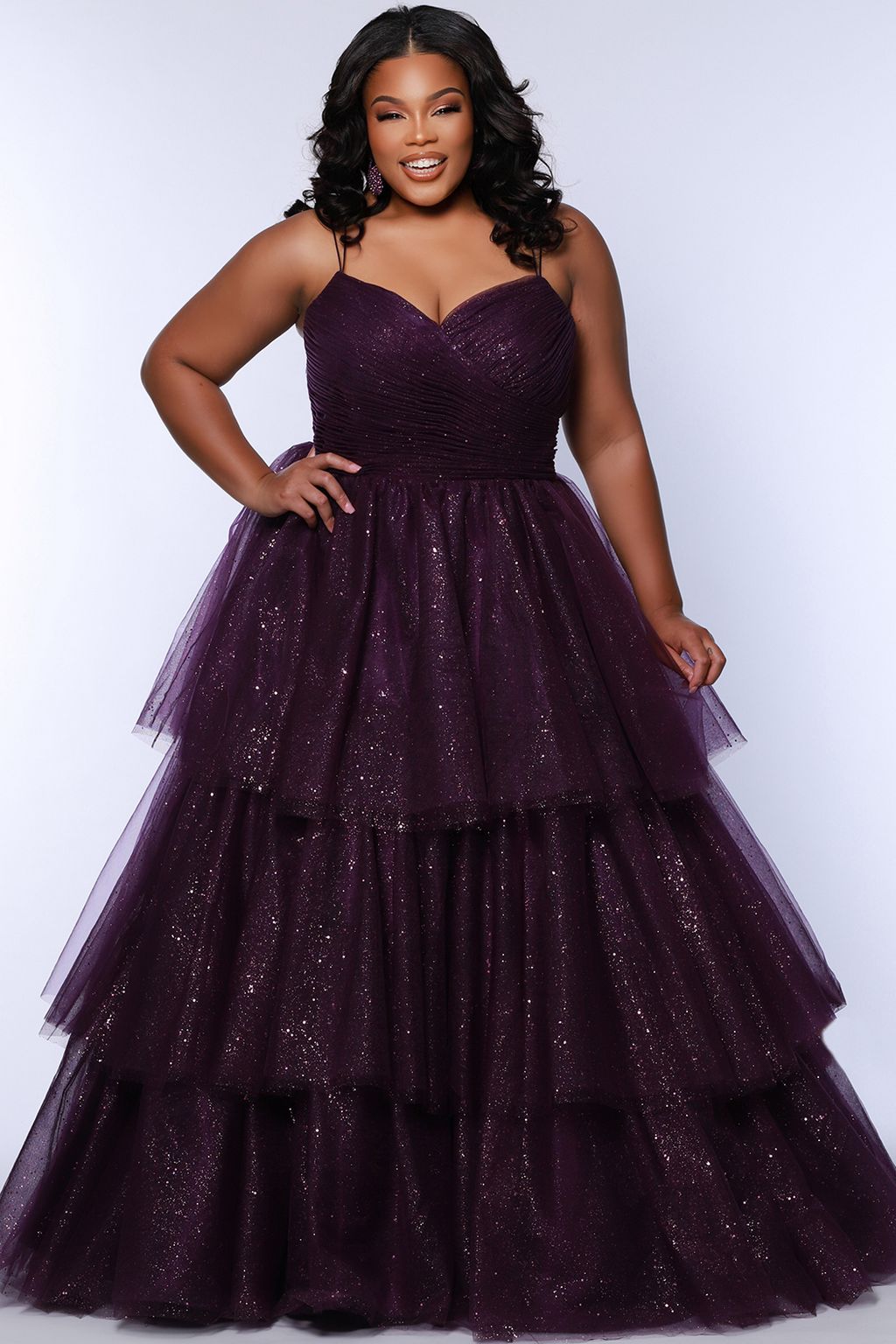 Plus Size Dresses Long Ball Gown Pleated Formal Prom Glitter Plus Size Dress Purple