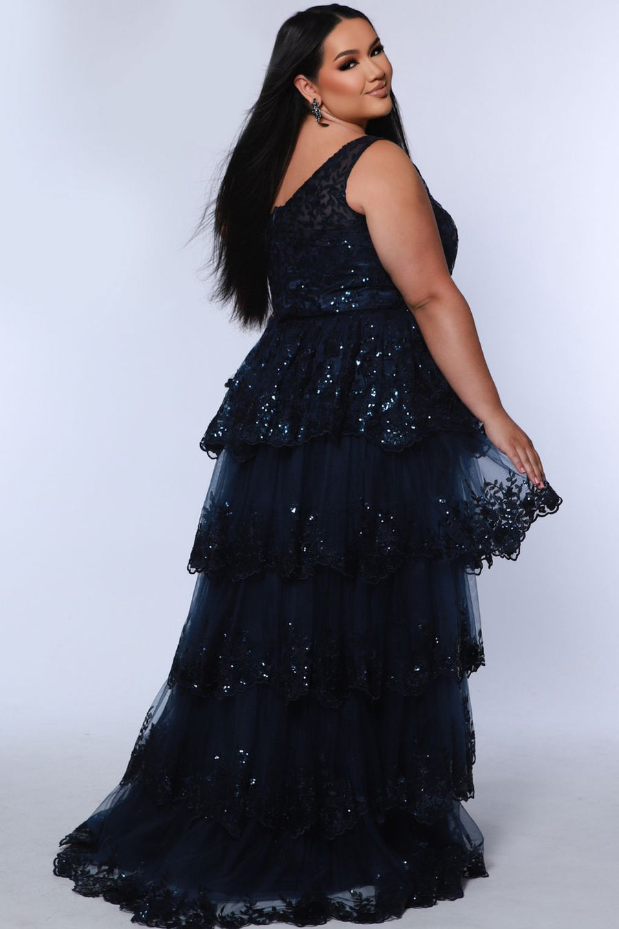 Plus Size Dresses A Line Long Formal Layered Prom Plus Size Dress Navy