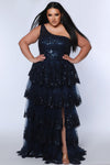 Plus Size Dresses A Line Long Formal Layered Prom Plus Size Dress Navy