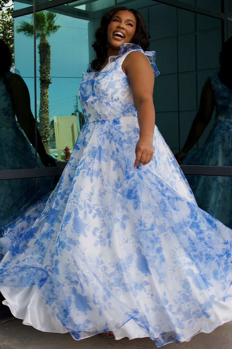 Plus Size Dresses A Line Long Floral Formal Printed Plus Size Prom Dress Blue Floral