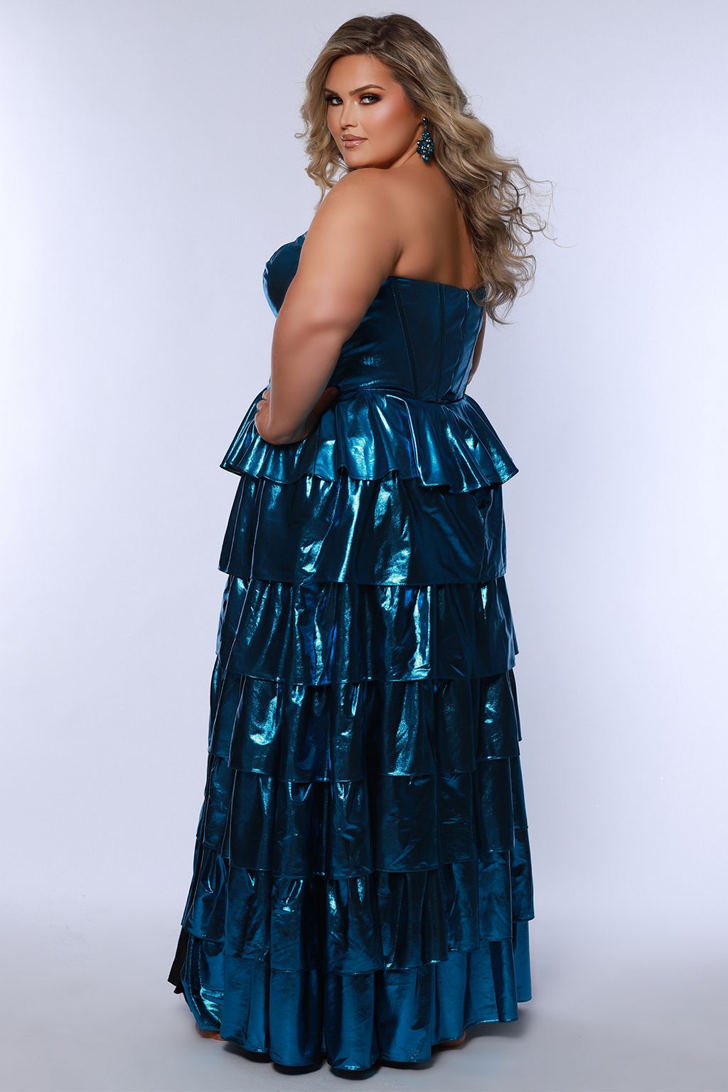 Plus Size Dresses Long Tieared A Line Formal Metallic Prom Plus Size Dress Turq