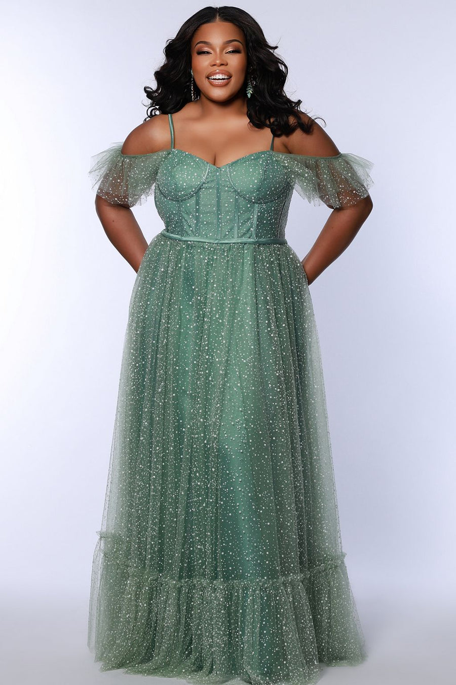 Plus Size Dresses Glitter Long A Line Formal Prom Plus Size Dress Sage