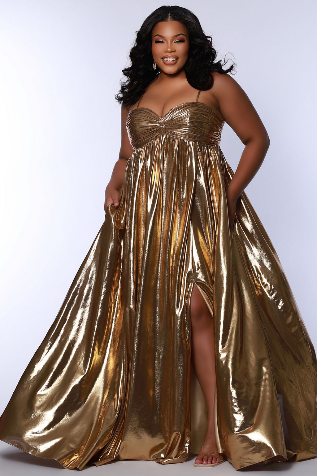 Plus Size Dresses Pleated Long Slit Formal Plus Size Prom Dress Gold