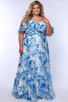 Prom Dresses Prom A Line Long Floral Printed Plus Size Dress  Blue/White