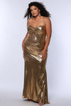 Plus Size Dresses Fitted Long Slit Formal Metallic Plus Size Prom Dress Gold