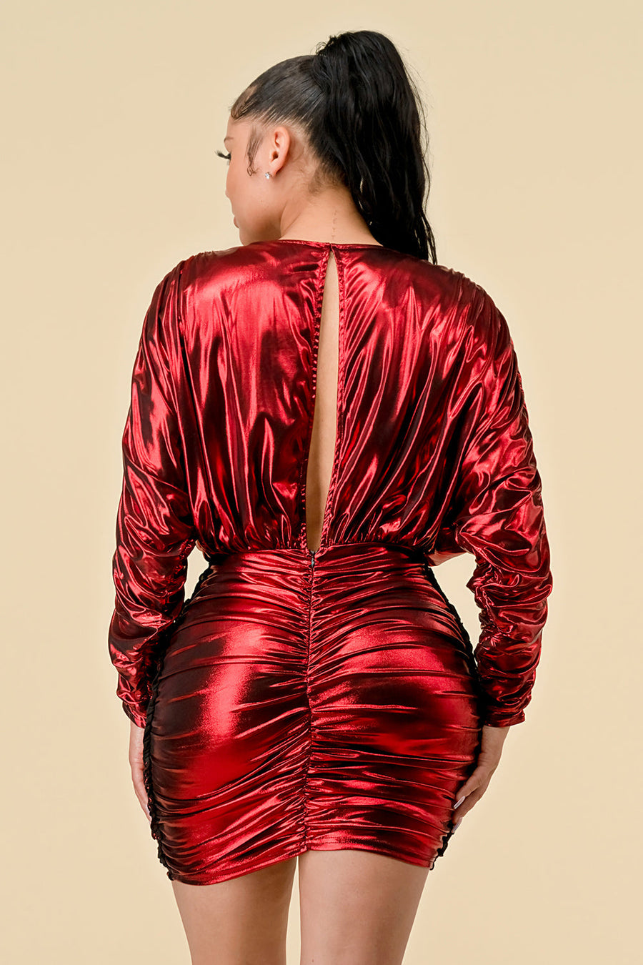 Cocktail Dresses Short Fitted Long Sleeve Foil Ruched Mini Dress Red