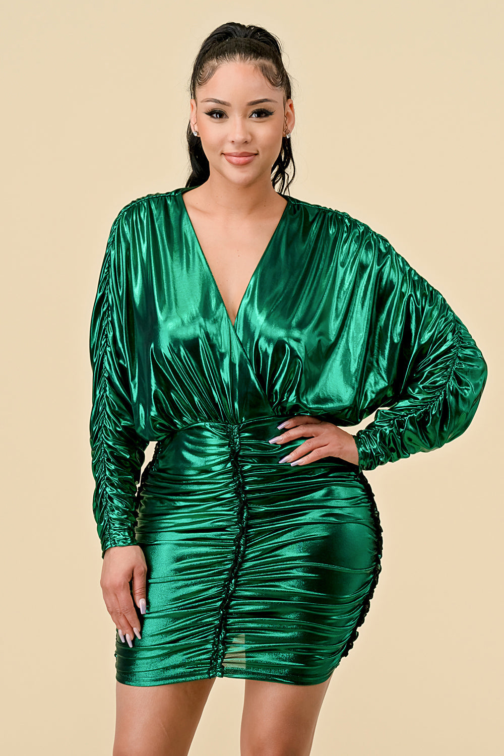 Cocktail Dresses Short Fitted Long Sleeve Foil Ruched Mini Dress Green