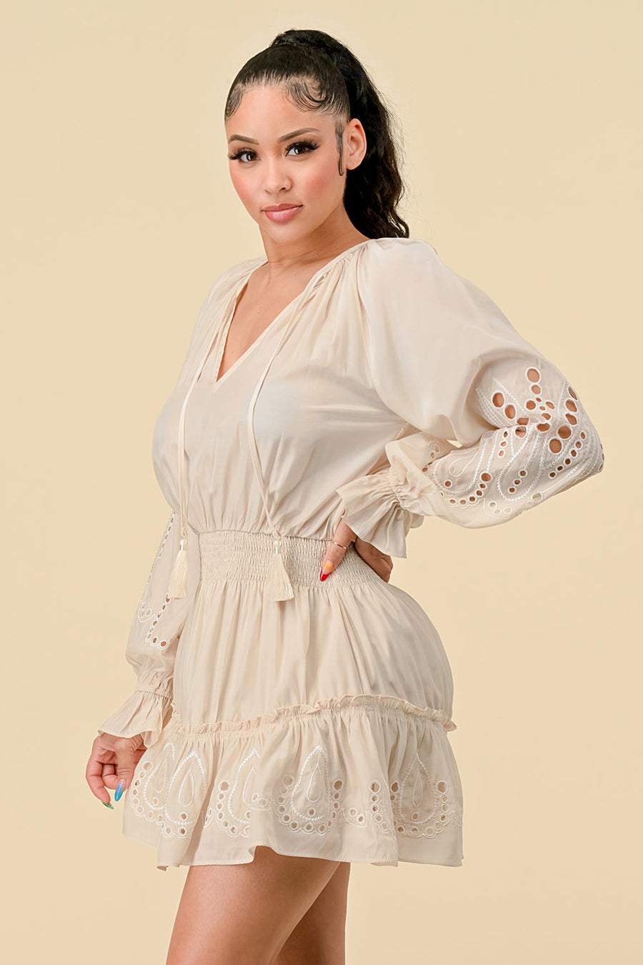 Cocktail Dresses V Neck Long Sleeve Mini Dress Champagne