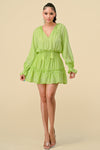 Cocktail Dresses V Neck Long Sleeve Mini Dress L. Green