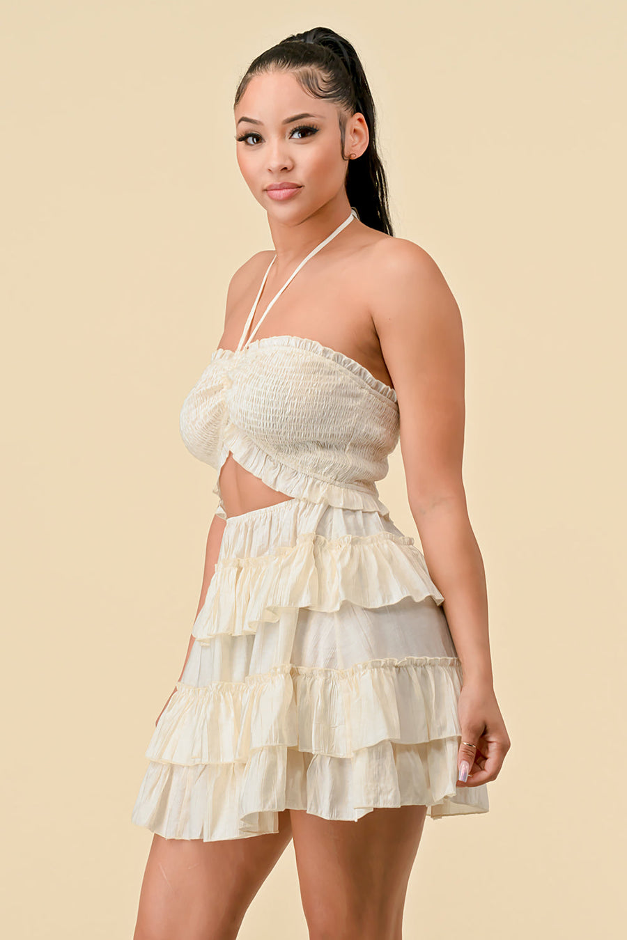 Cocktail Dresses Short Halter Neck Mini Ruffle Dress Off white