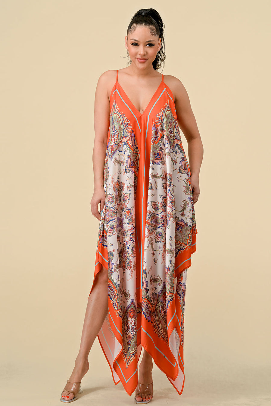 Cocktail Dresses Spaghetti Strap Scarf Boarder Print Dress Orange Combo