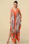 Cocktail Dresses Spaghetti Strap Scarf Boarder Print Dress Orange Combo
