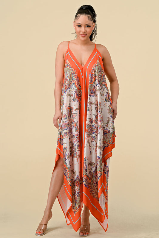 Cocktail Dresses Spaghetti Strap Scarf Boarder Print Dress Orange Combo