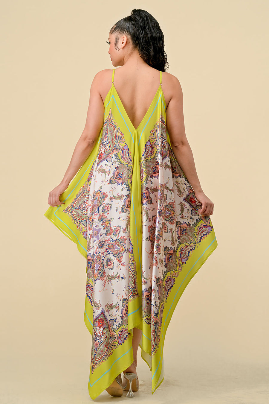 Cocktail Dresses Spaghetti Strap Scarf Boarder Print Dress Neon Green