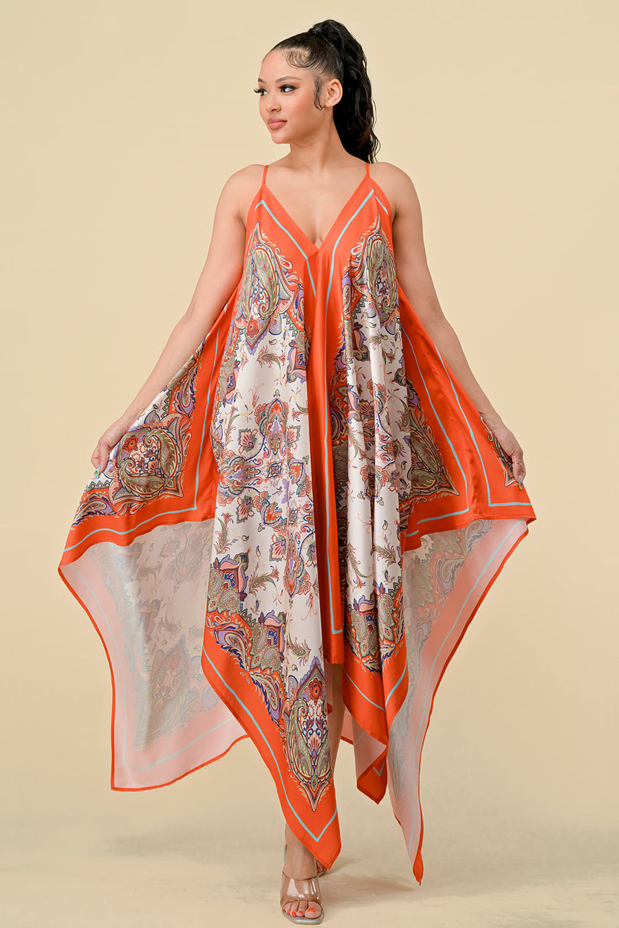 Cocktail Dresses Spaghetti Strap Scarf Boarder Print Dress Orange Combo