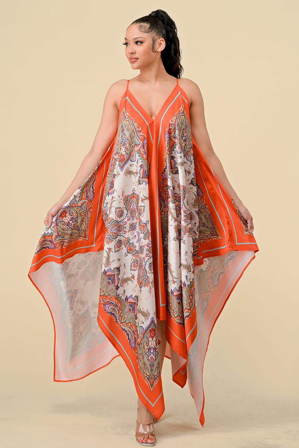 Cocktail Dresses Spaghetti Strap Scarf Boarder Print Dress Orange Combo