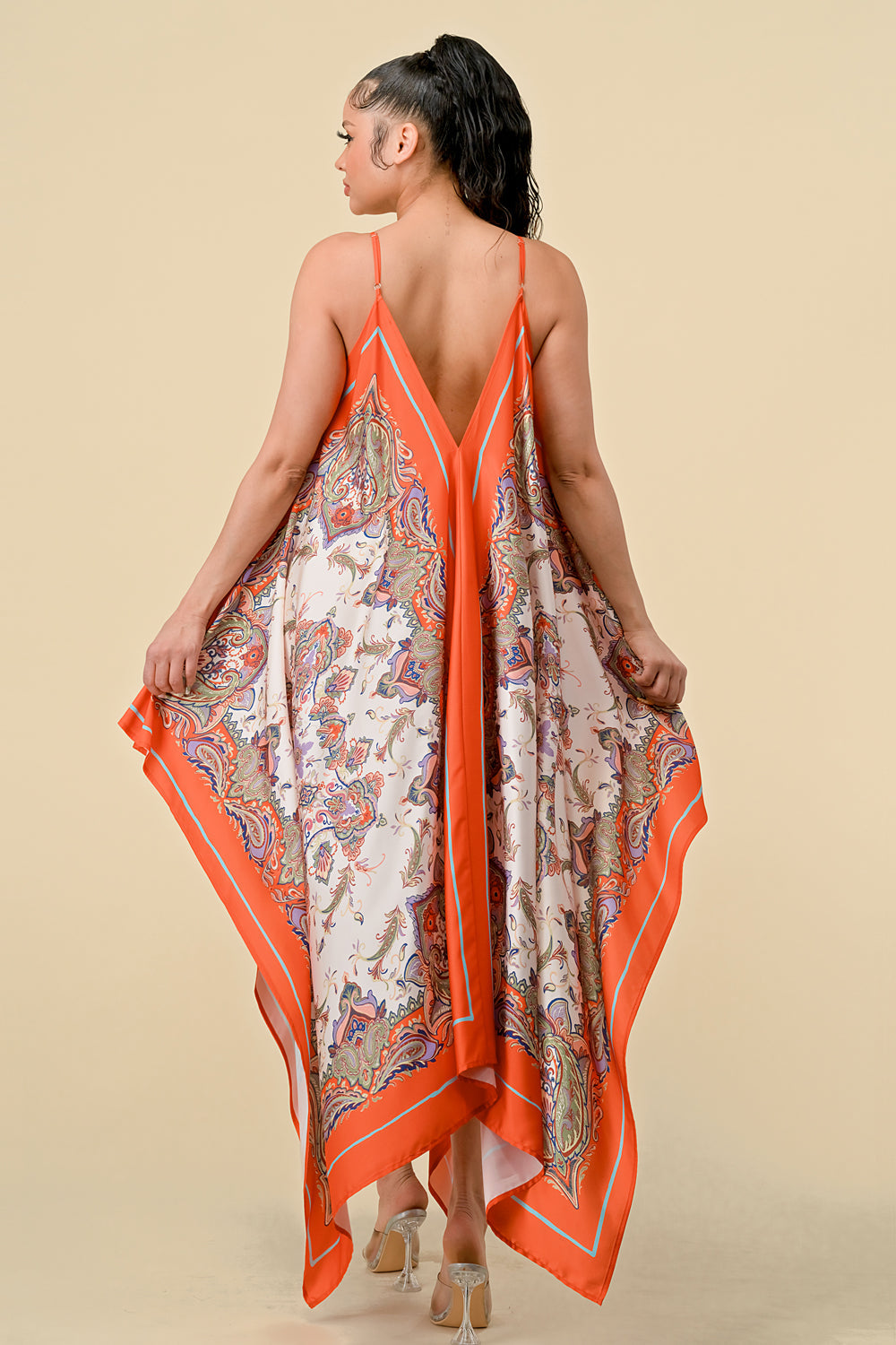 Cocktail Dresses Spaghetti Strap Scarf Boarder Print Dress Orange Combo