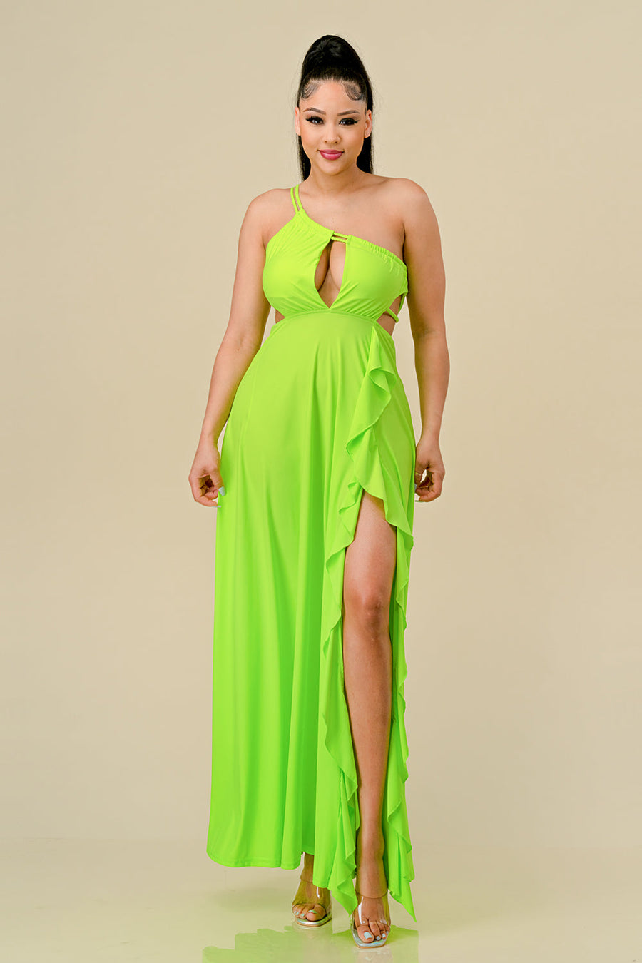 Formal Dresses Long One Shoulder Ruffled Maxi Dress Neon Green