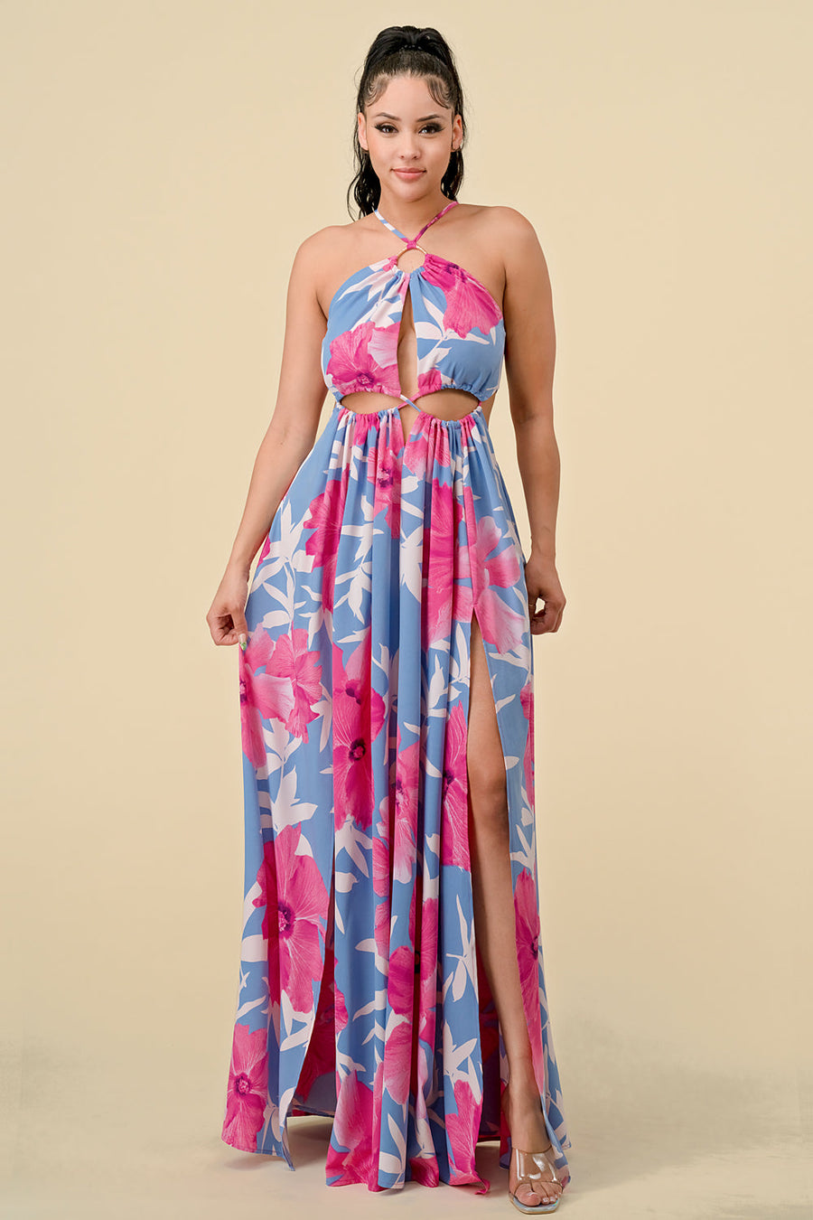 Formal Dresses Long Halter Printed Slit Maxi Dress Pink Combo