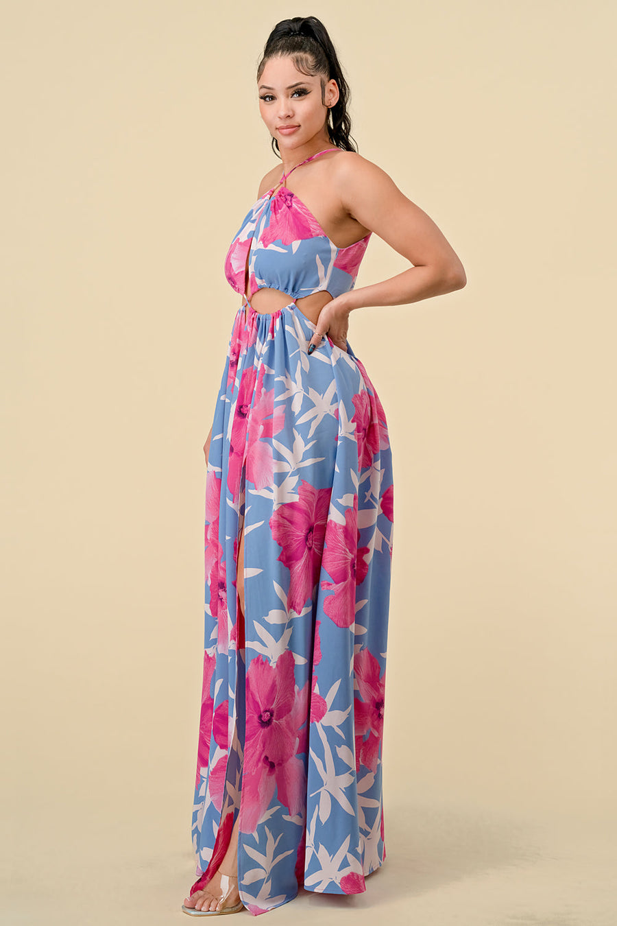 Formal Dresses Long Halter Printed Slit Maxi Dress Pink Combo