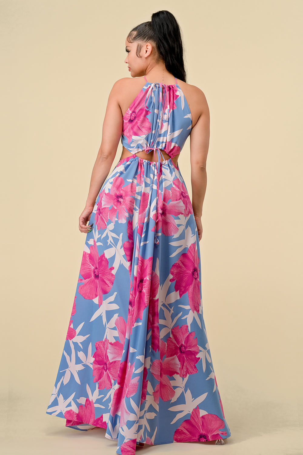 Formal Dresses Long Halter Printed Slit Maxi Dress Pink Combo
