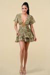 Cocktail Dresses Short Printed Ruffled Layered Side Cutout Dress Olive
