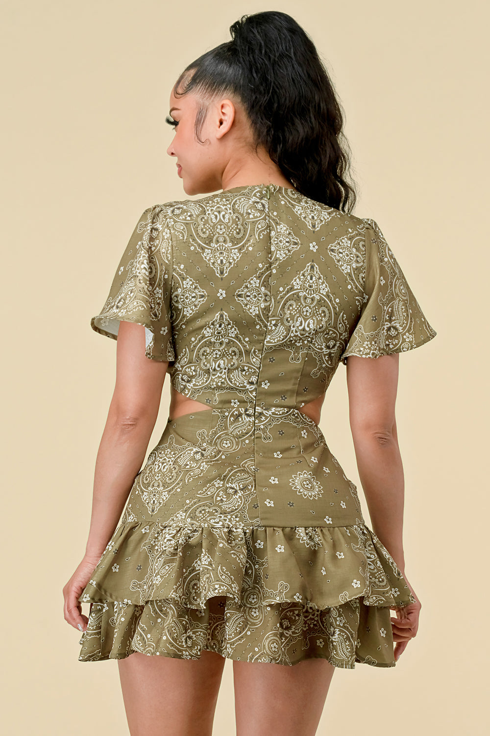 Cocktail Dresses Short Printed Ruffled Layered Side Cutout Dress Olive